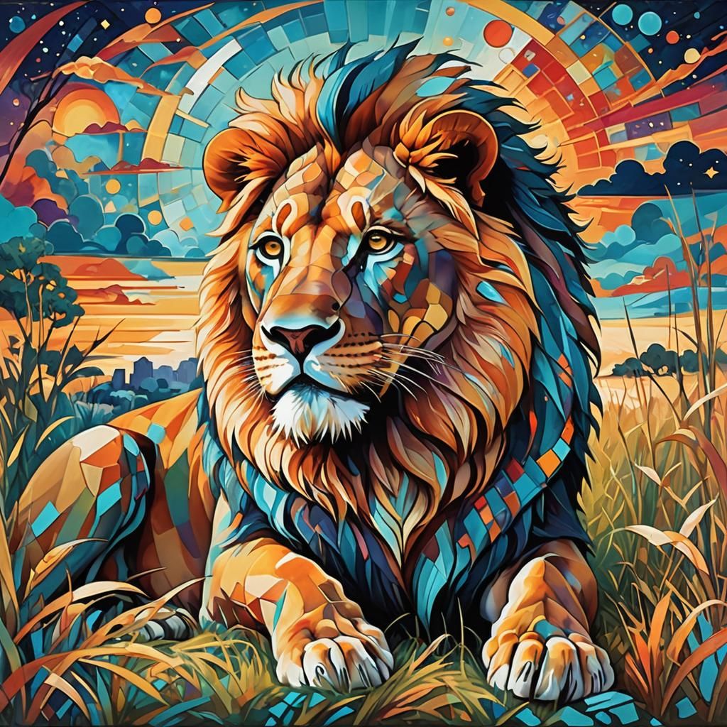 Lion with Geometric Mane on Savanna, Art Deco Style