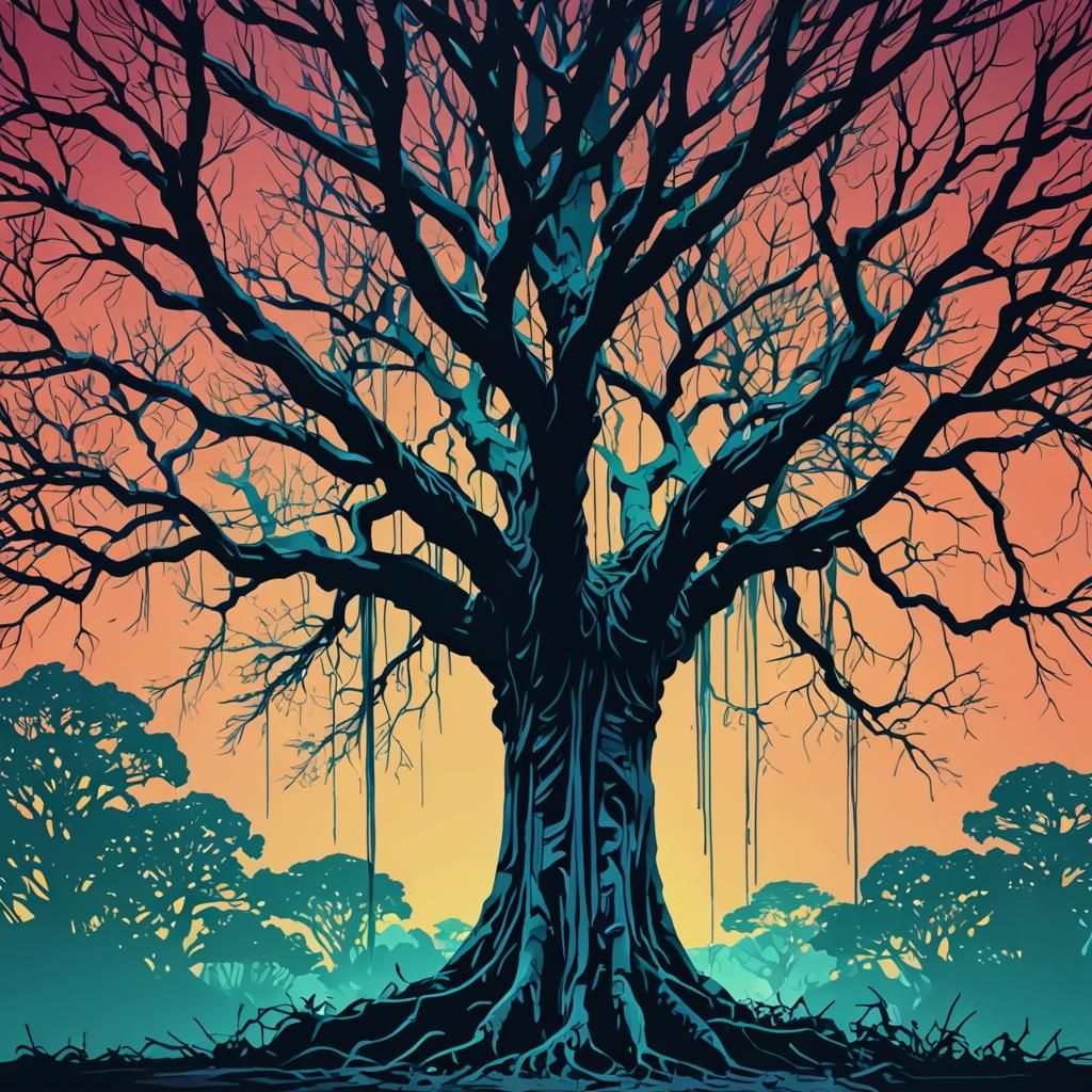 Abstract Glitch Art Banyan Tree Silhouette