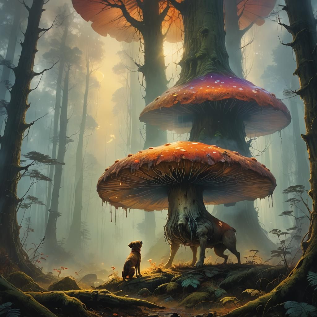Dog Discovering Glowing Mushroom in Dreamlike Forest