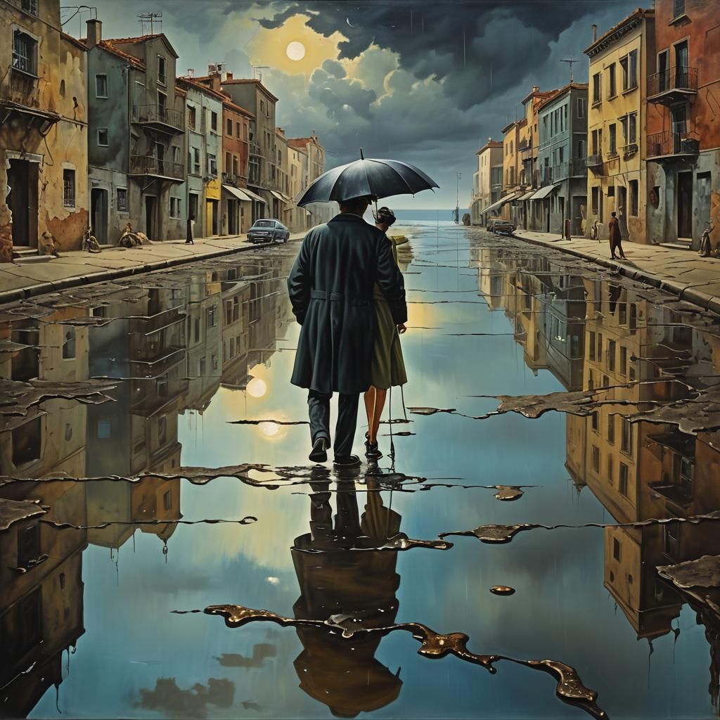 Romantic Abandoned Streets in Storm, Surrealist Oil Painting