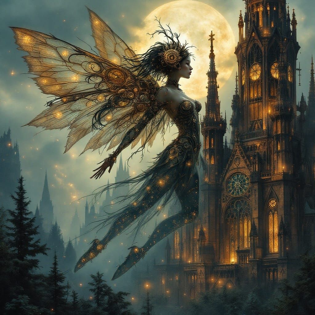 Steampunk Fairy Double Exposure in Gothic Cathedral