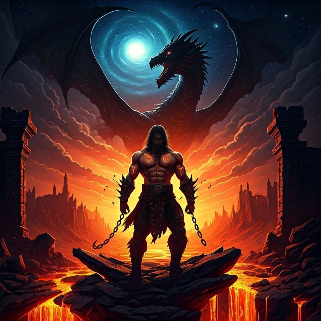 Epic Warrior Rises from Ancient Ruins in Fiery Cosmic Landsc...