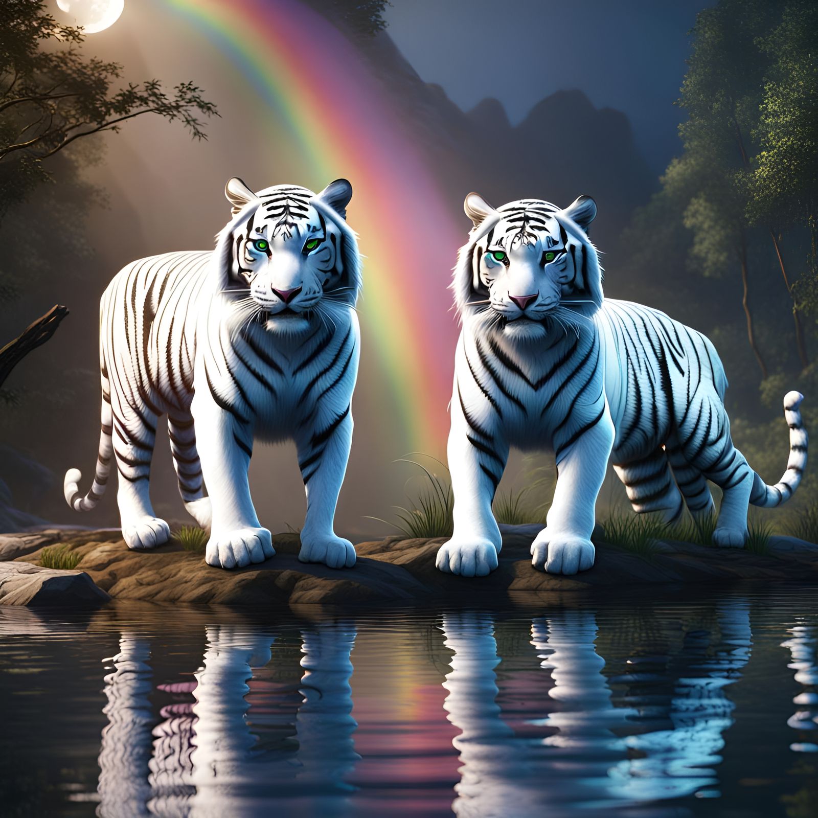 White Tigers at Moonlit Lake: Fantasy Concept Art