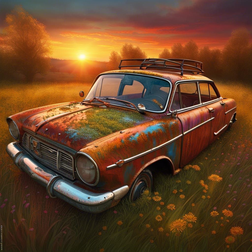 Rusted Car in Sunset Meadow: Photorealistic Digital Art