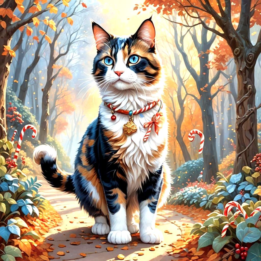 Mystical Calico Cat in Autumn Fantasy Landscape