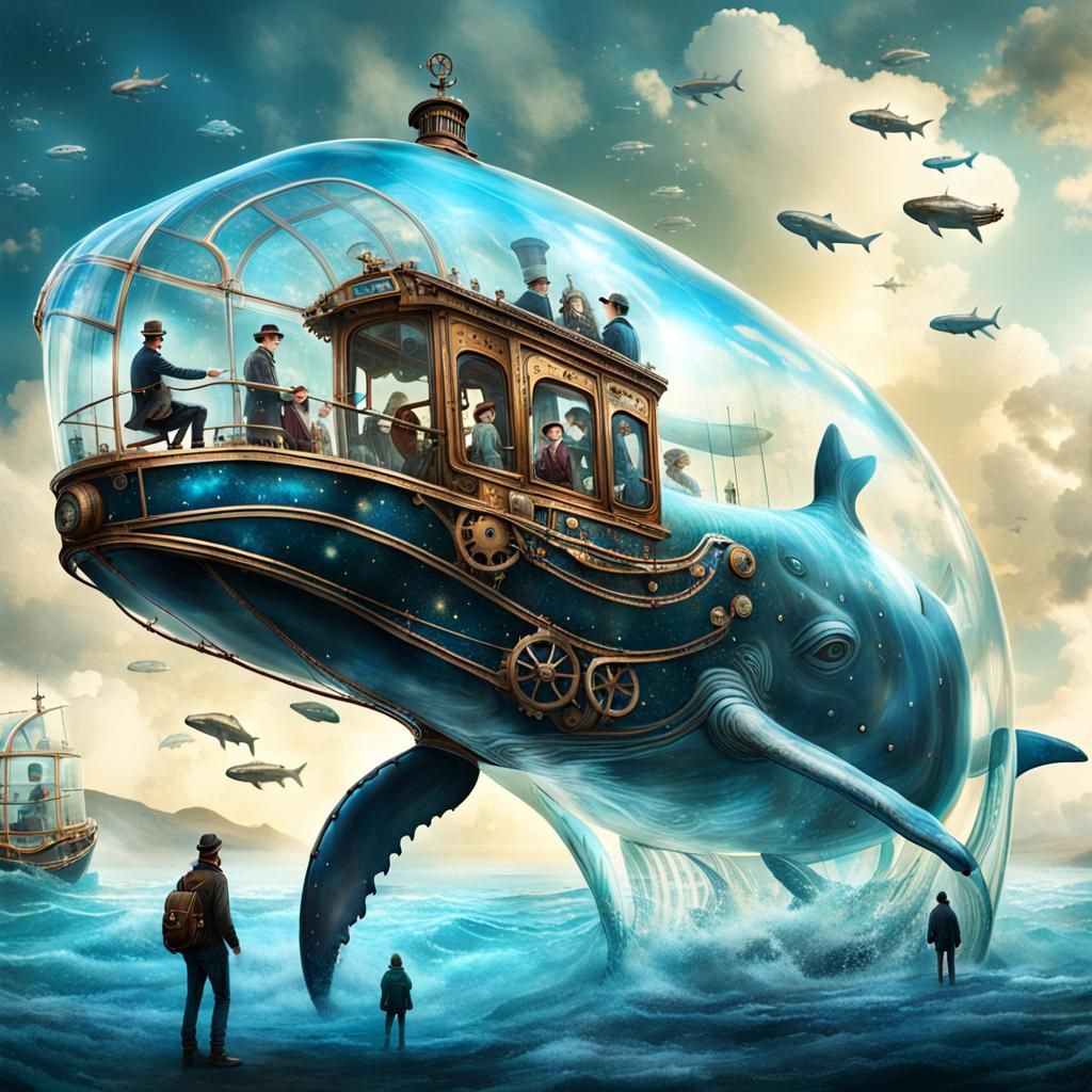 Steampunk Travelers Inside a Glass Whale