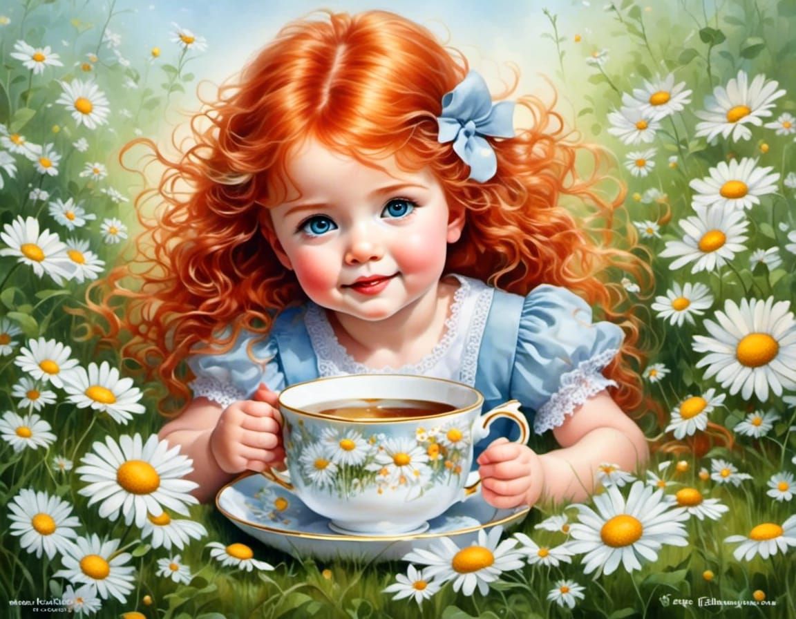Red-Haired Fae Baby in Teacup Watercolor
