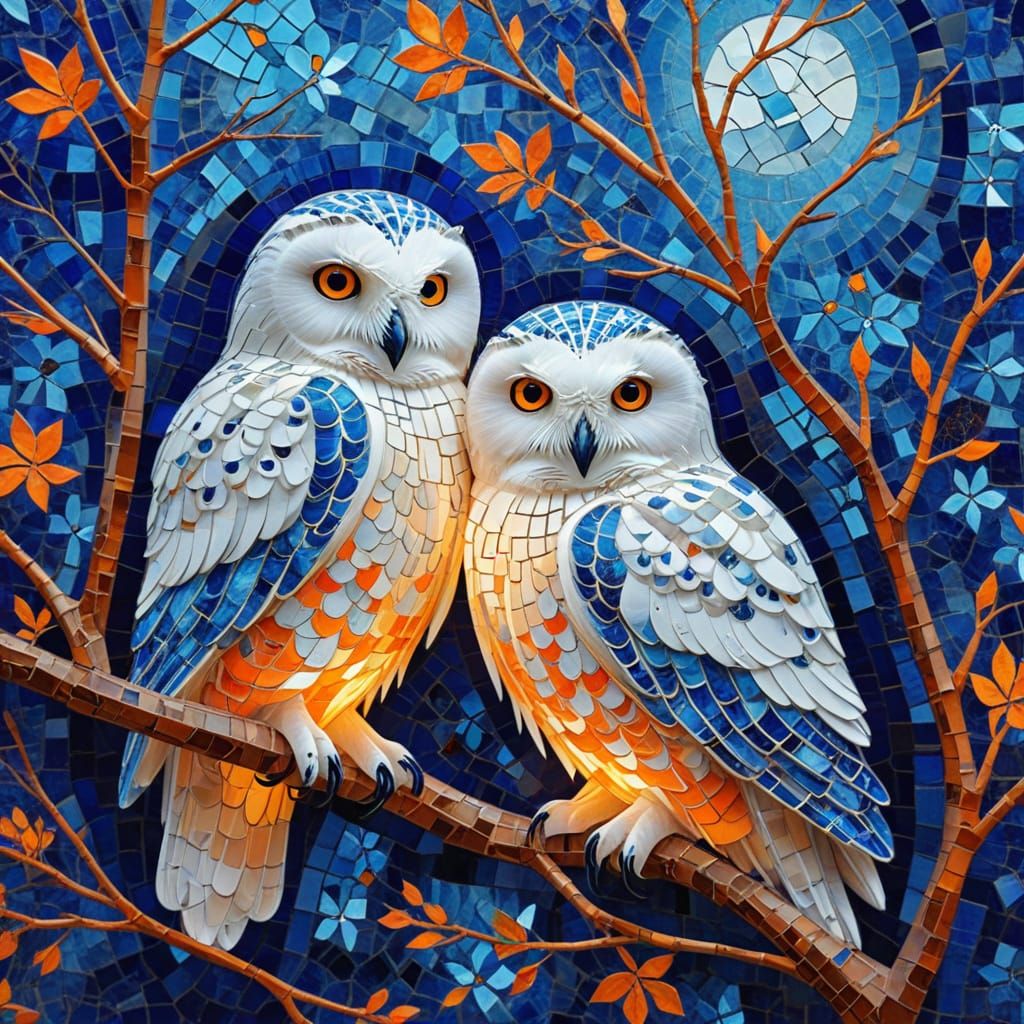 Snowy Owls Mosaic Tile Art in Abstract Expressionism