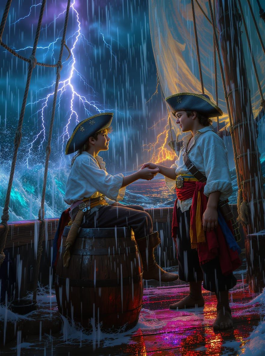 Pirate Friends on a Stormy Ship in Vivid Colors