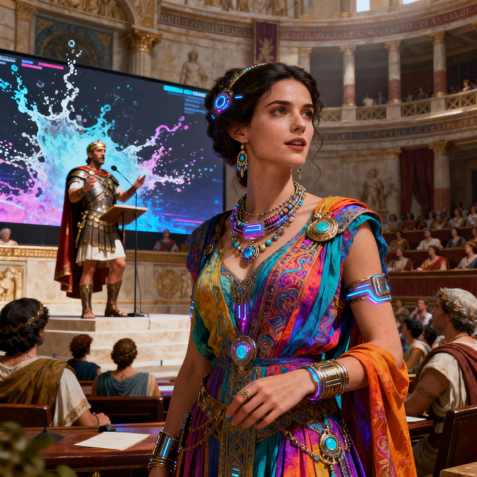 Hyperrealistic Woman in Roman Senate with Futuristic Jewelry