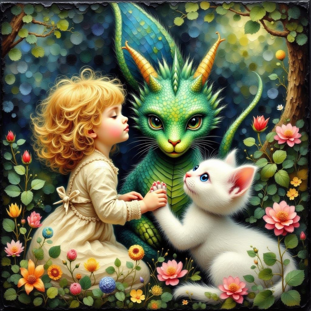 Girl, Dragon, and Kitten in Impressionistic Garden