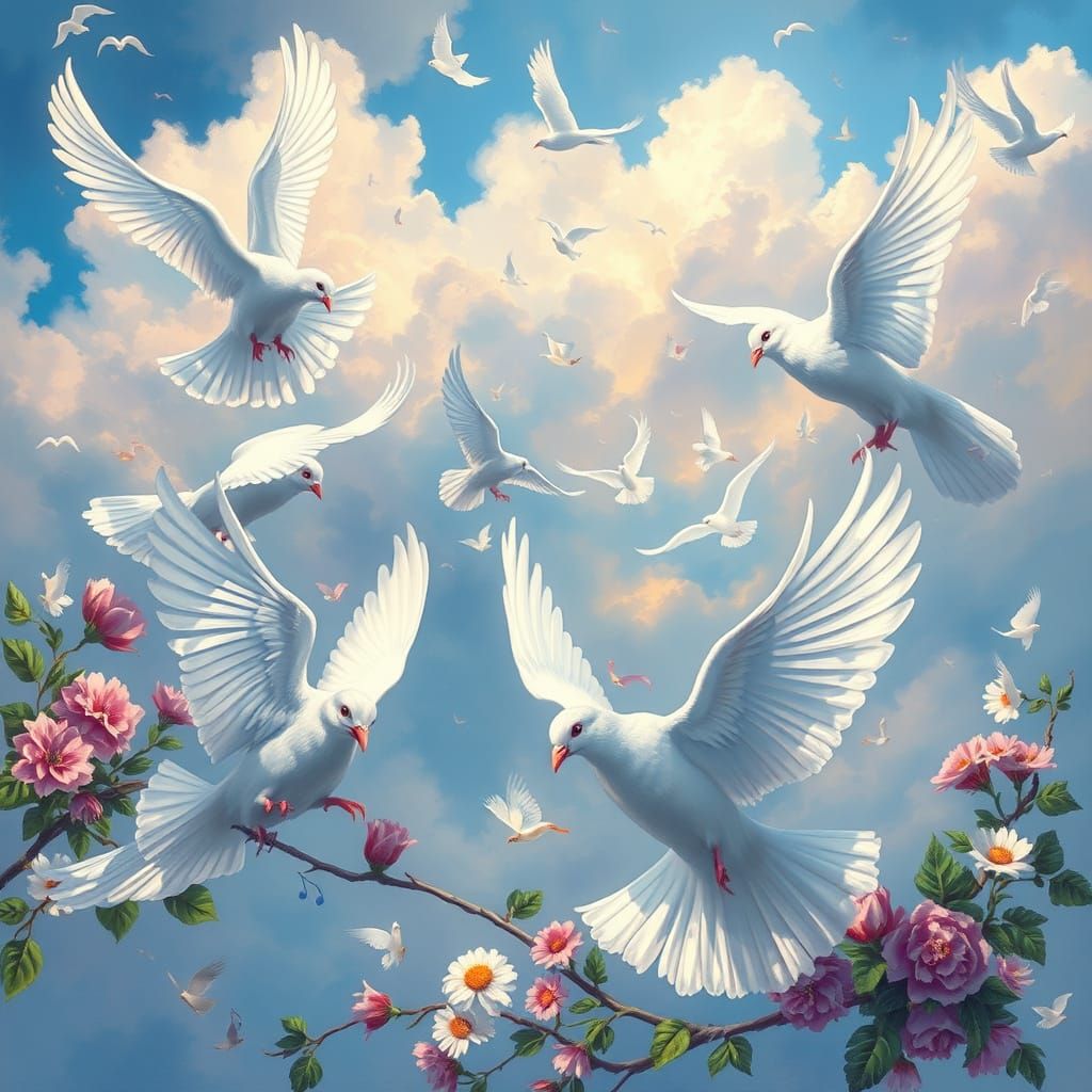 Surreal Doves in Blue Skies as Impressionist Art