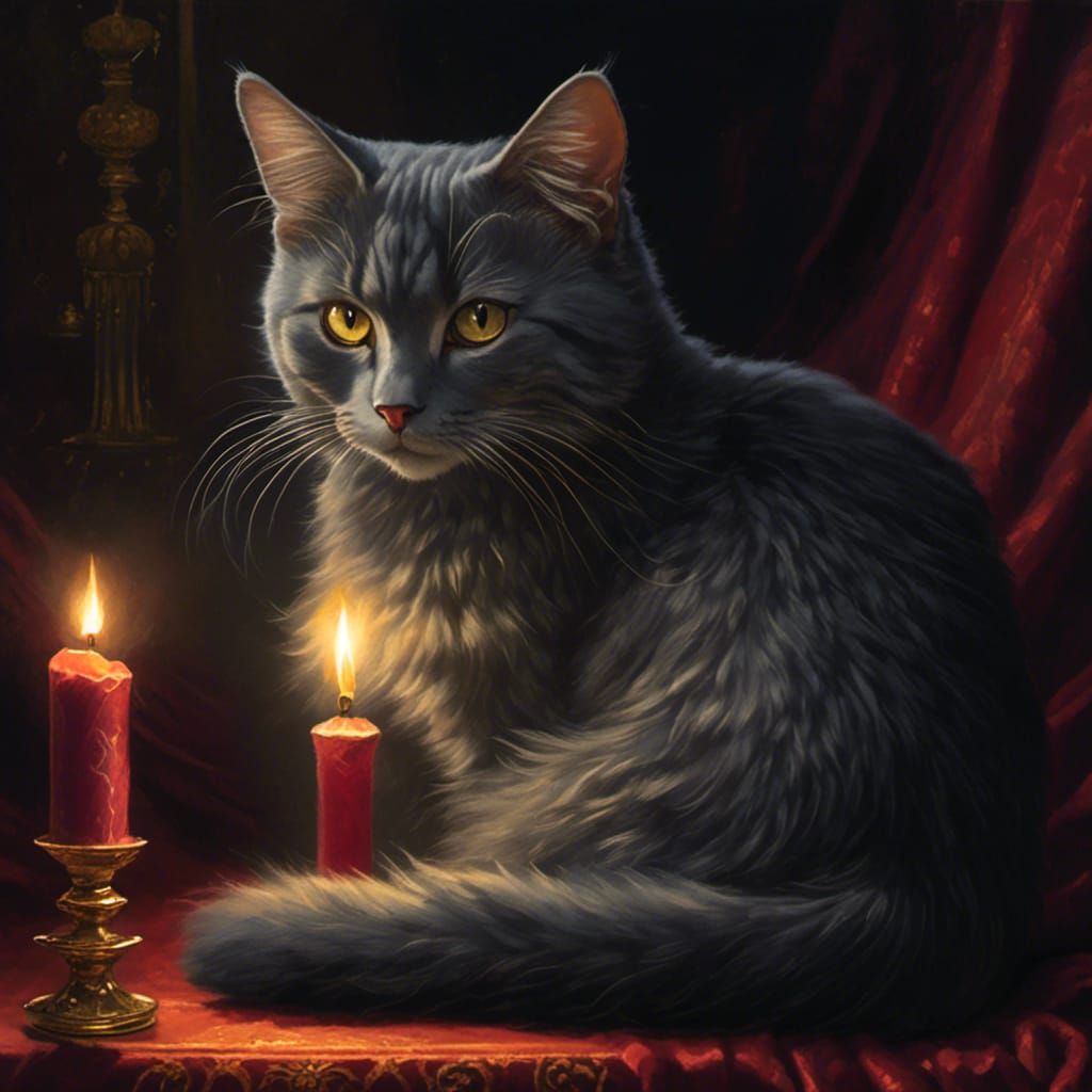 Curled Grey Cat by Candlelight