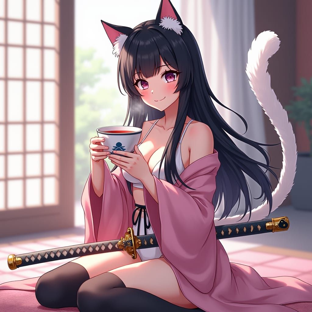Anime Girl with Katana and Cat Ears, Studio Trigger Style