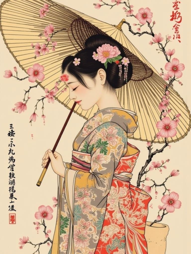 Japanese Woman with Wagasa in Traditional Style