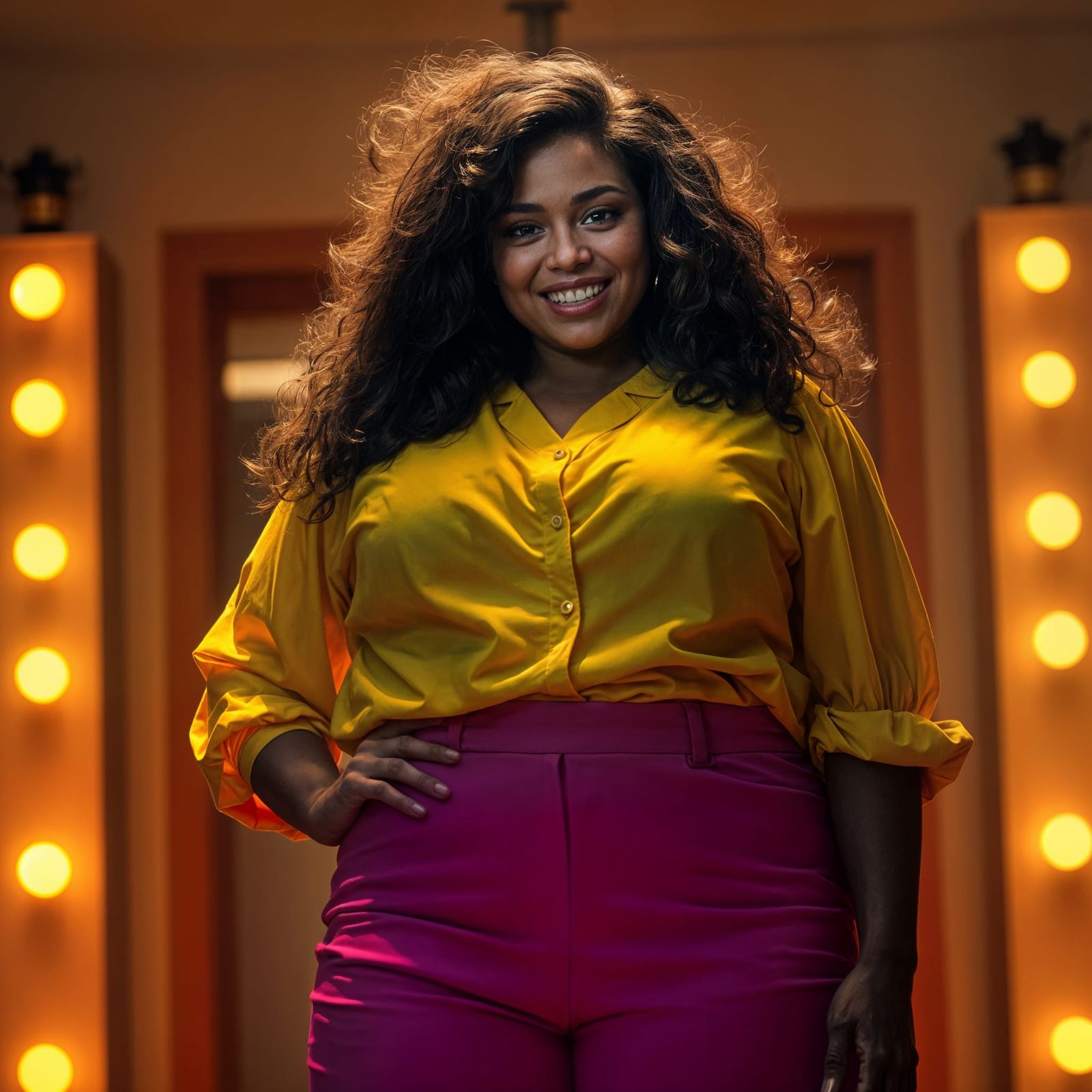 Smiling Plus-Sized Woman in Cinematic Film Still