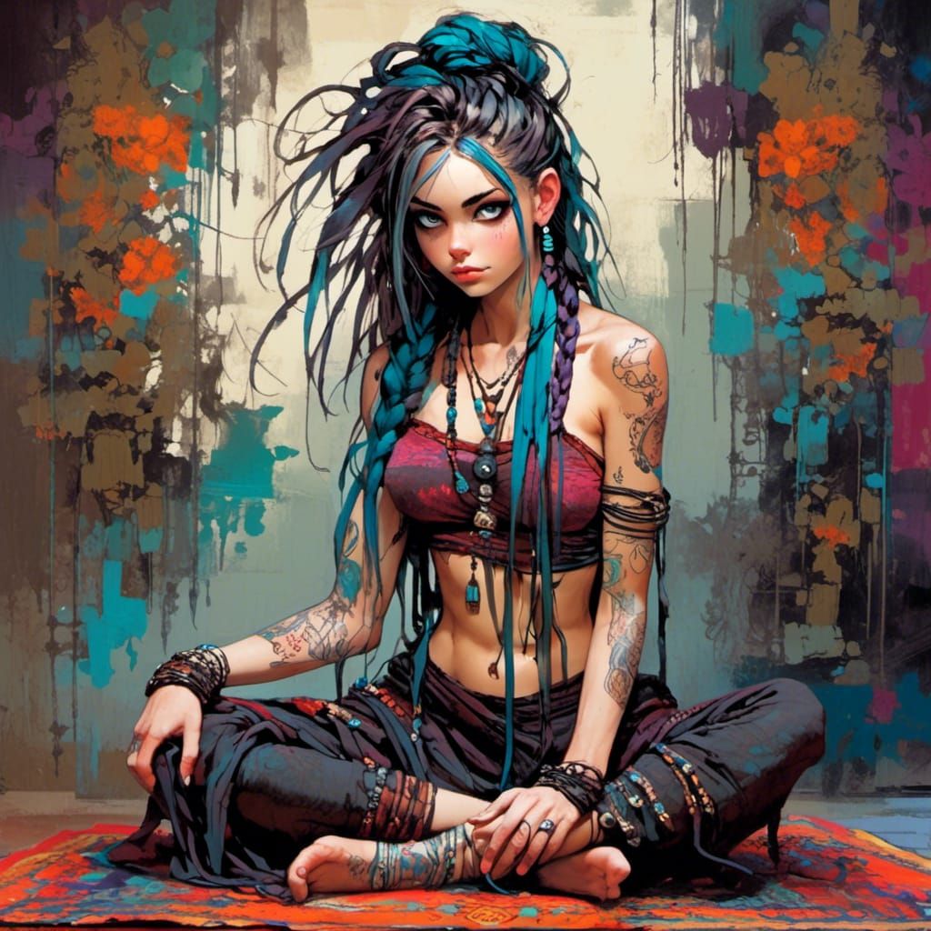 Punky Woman Doing Yoga in Vibrant Colors