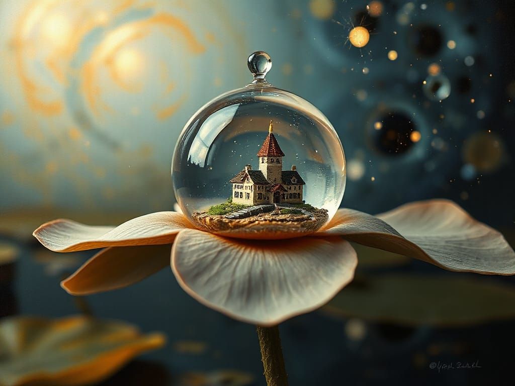 Miniature Village Inside Water Droplet as Impasto Painting