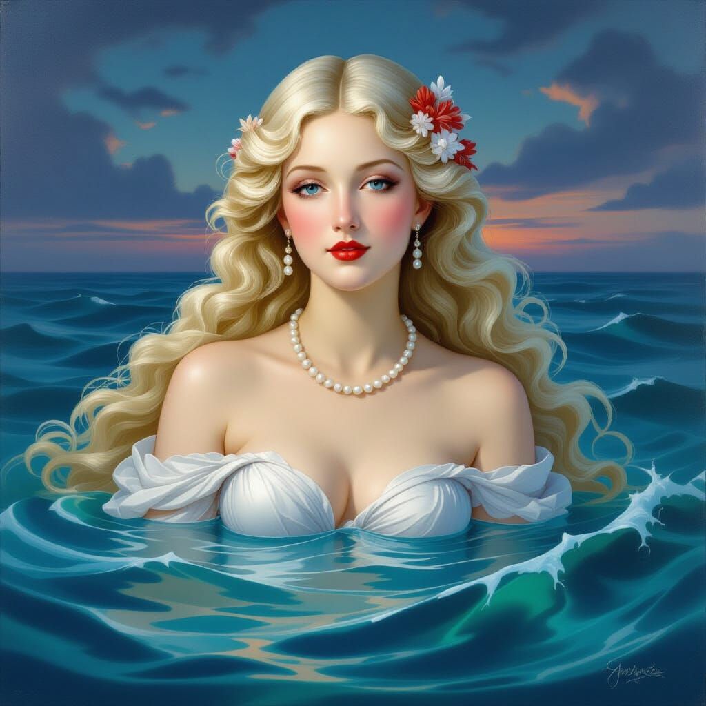 Sea Goddess Rises from Ocean in Twilight Oil Painting