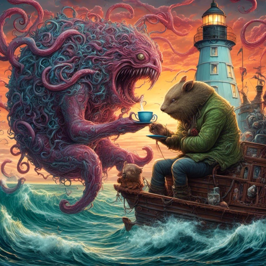 Kraken and Wombat's Surreal Teatime by the Sea