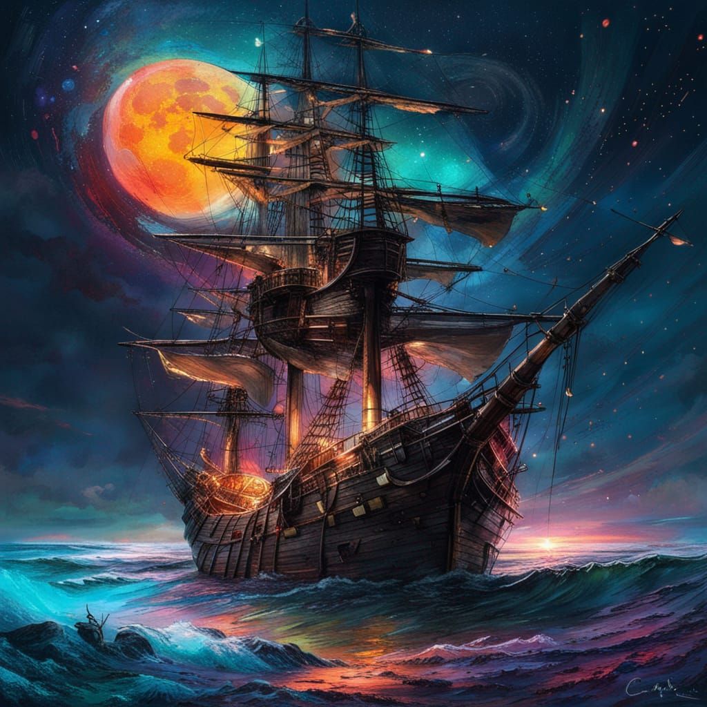 Pirate Ship Under a Luminous Moonlit Sky