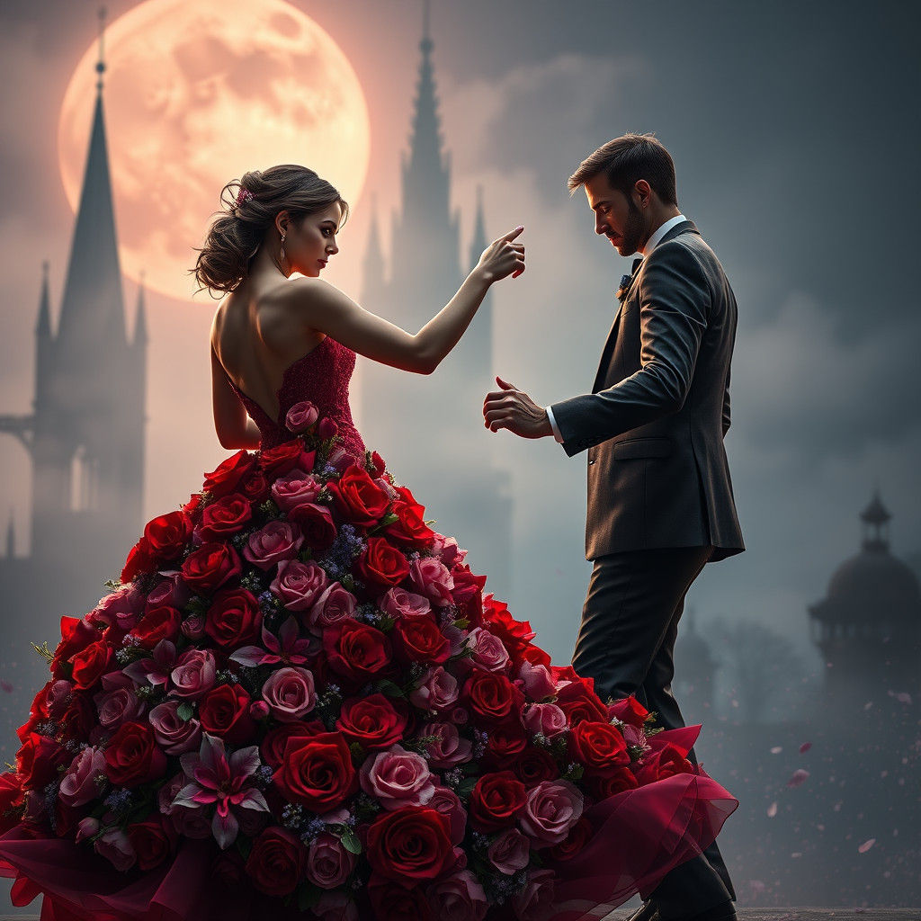 Floral Gown Dance Under Moonlit Tower