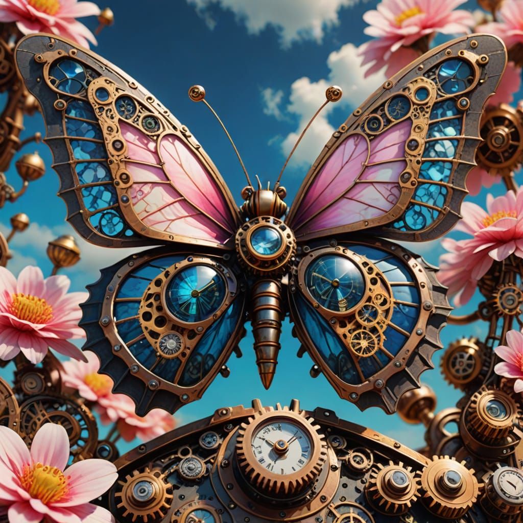 Steampunk Butterfly in Vibrant Skies