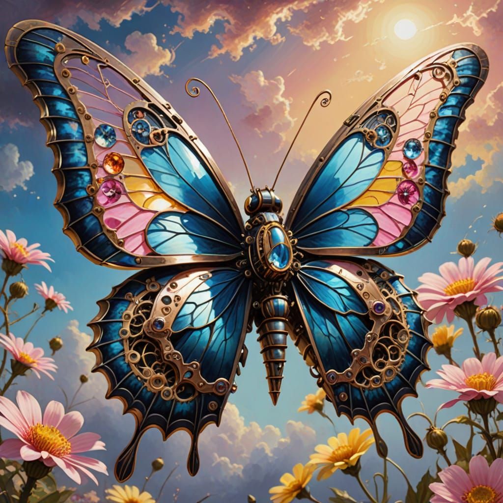 Steampunk Butterfly in Vibrant Crystal Wings
