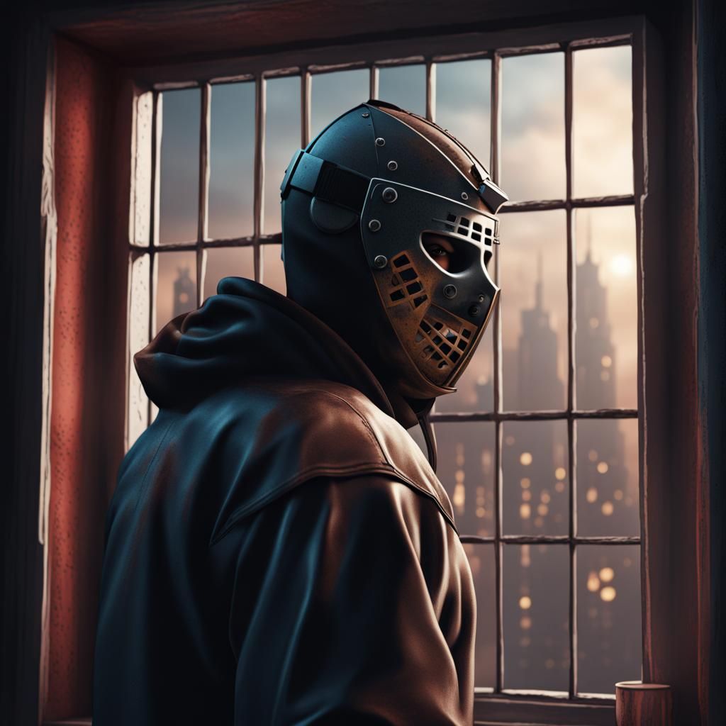 man in a hockey mask looking through a window