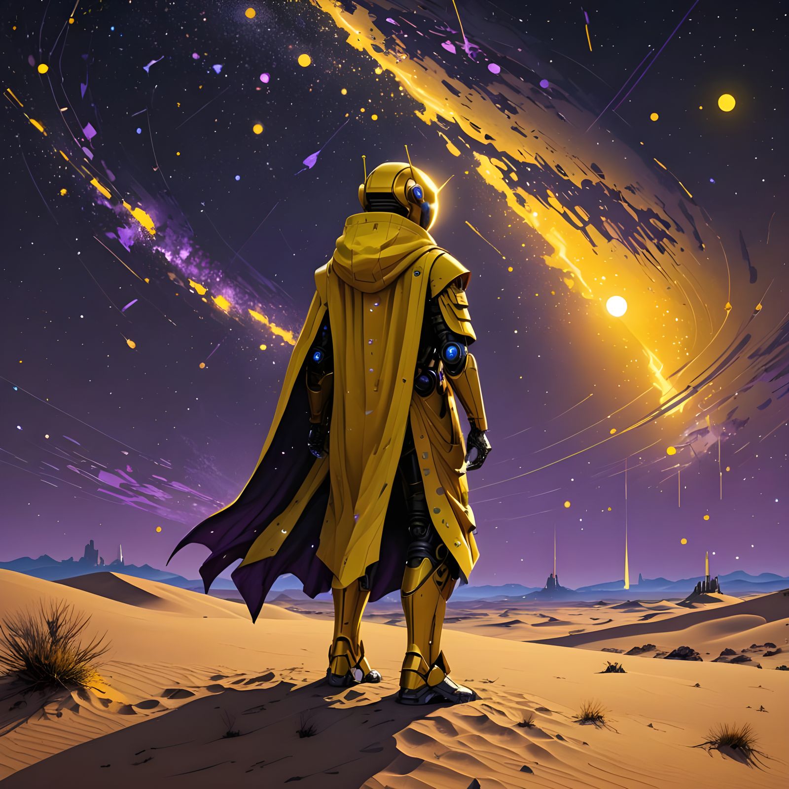 Yellow Hooded Robot on Dune in Anime Style