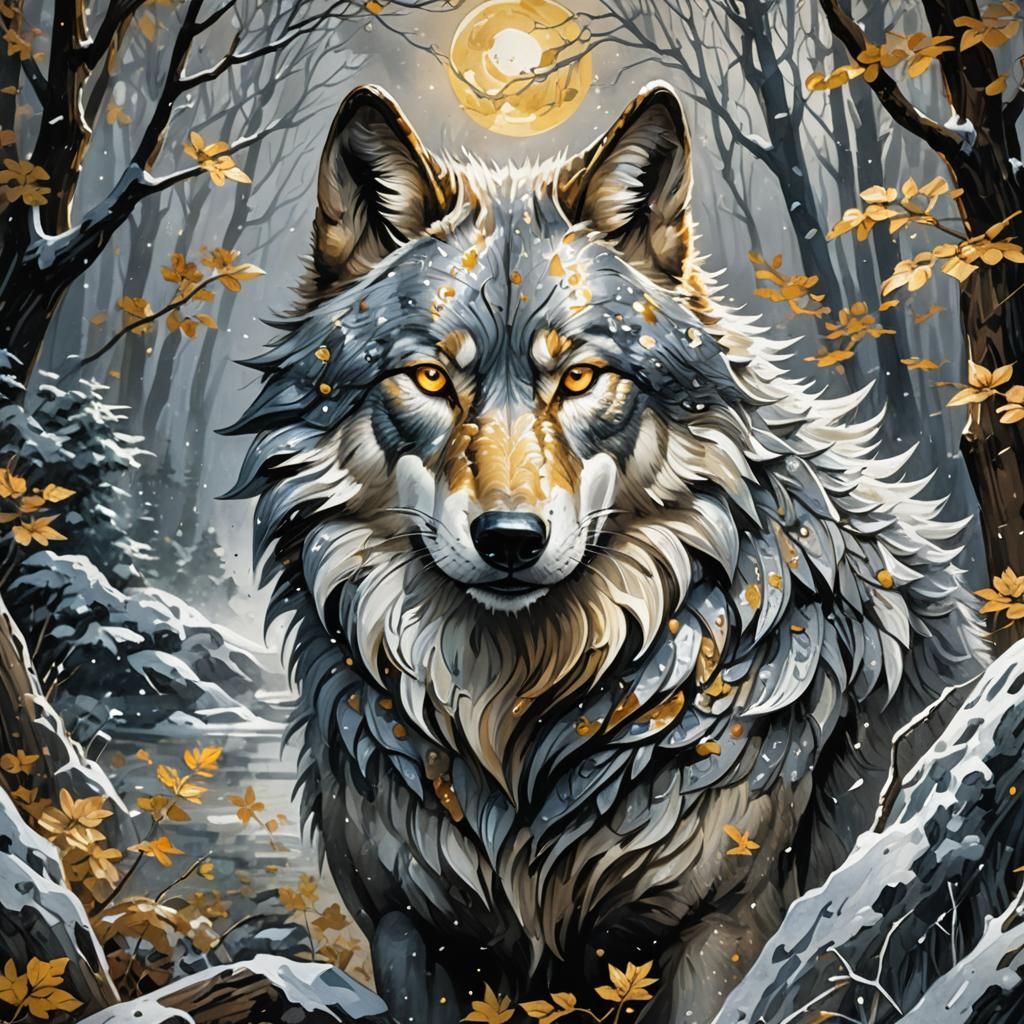 Silver and Gold Wolf in Gouache Style