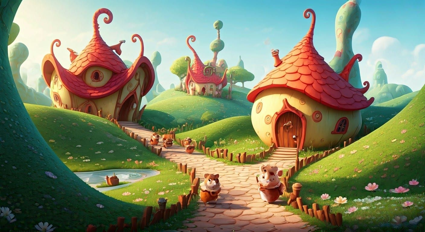 Whimsical Hamster Village in a Fantastical Dr. Seuss Style