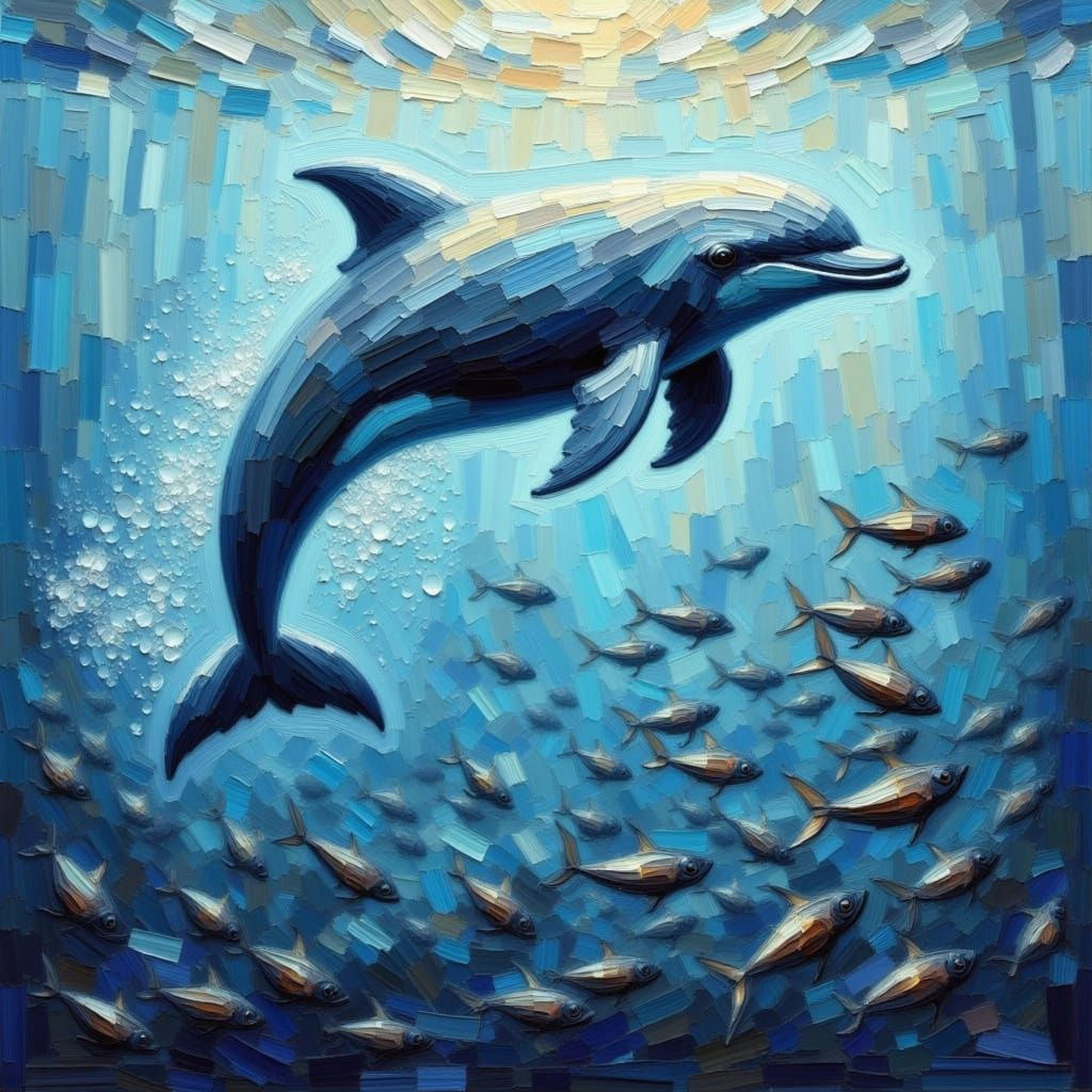Dolphin Chases Fish in Ocean, Impasto Style