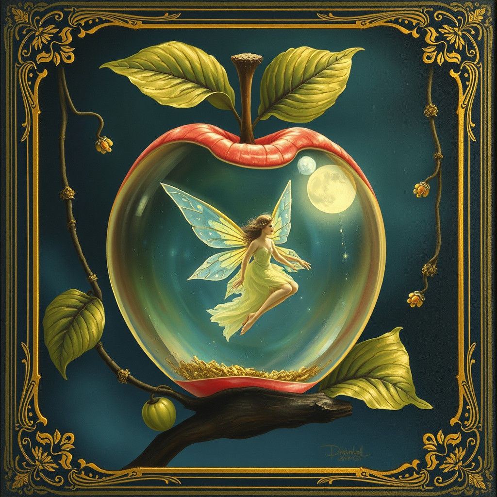 Fairy in Glass Apple: Art Nouveau Oil Painting