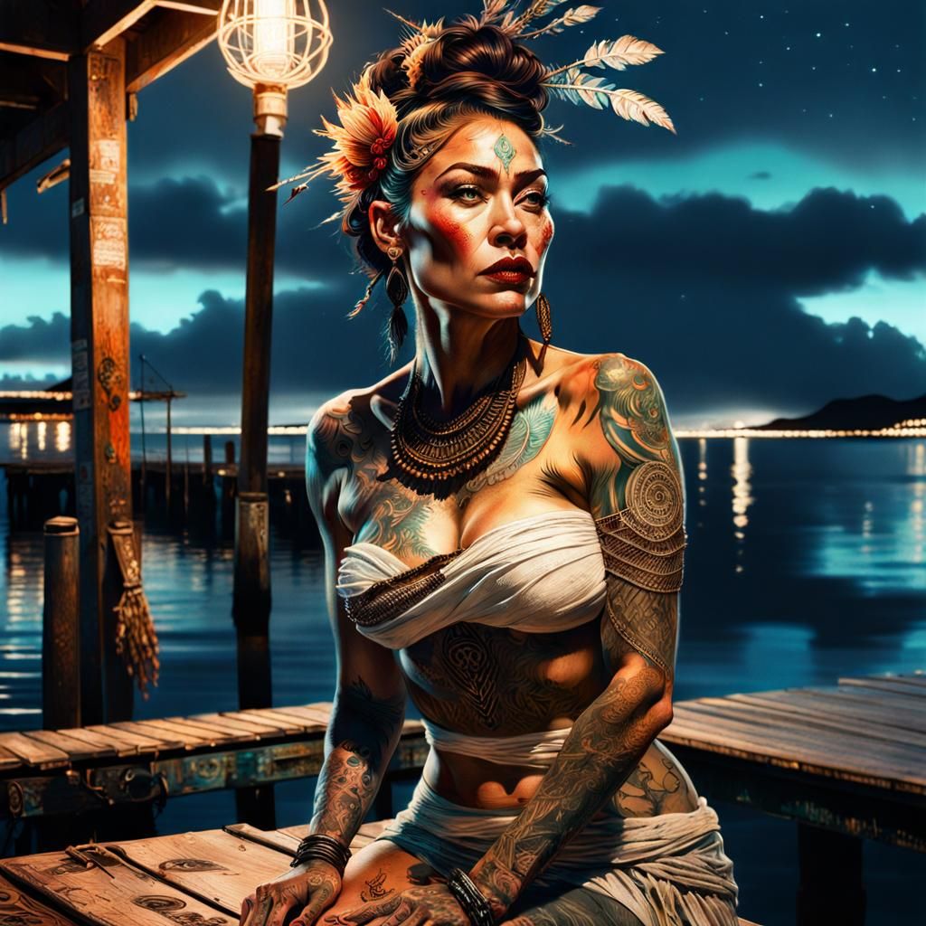 Tattooed Maori Woman on Dock in Pin-Up Style