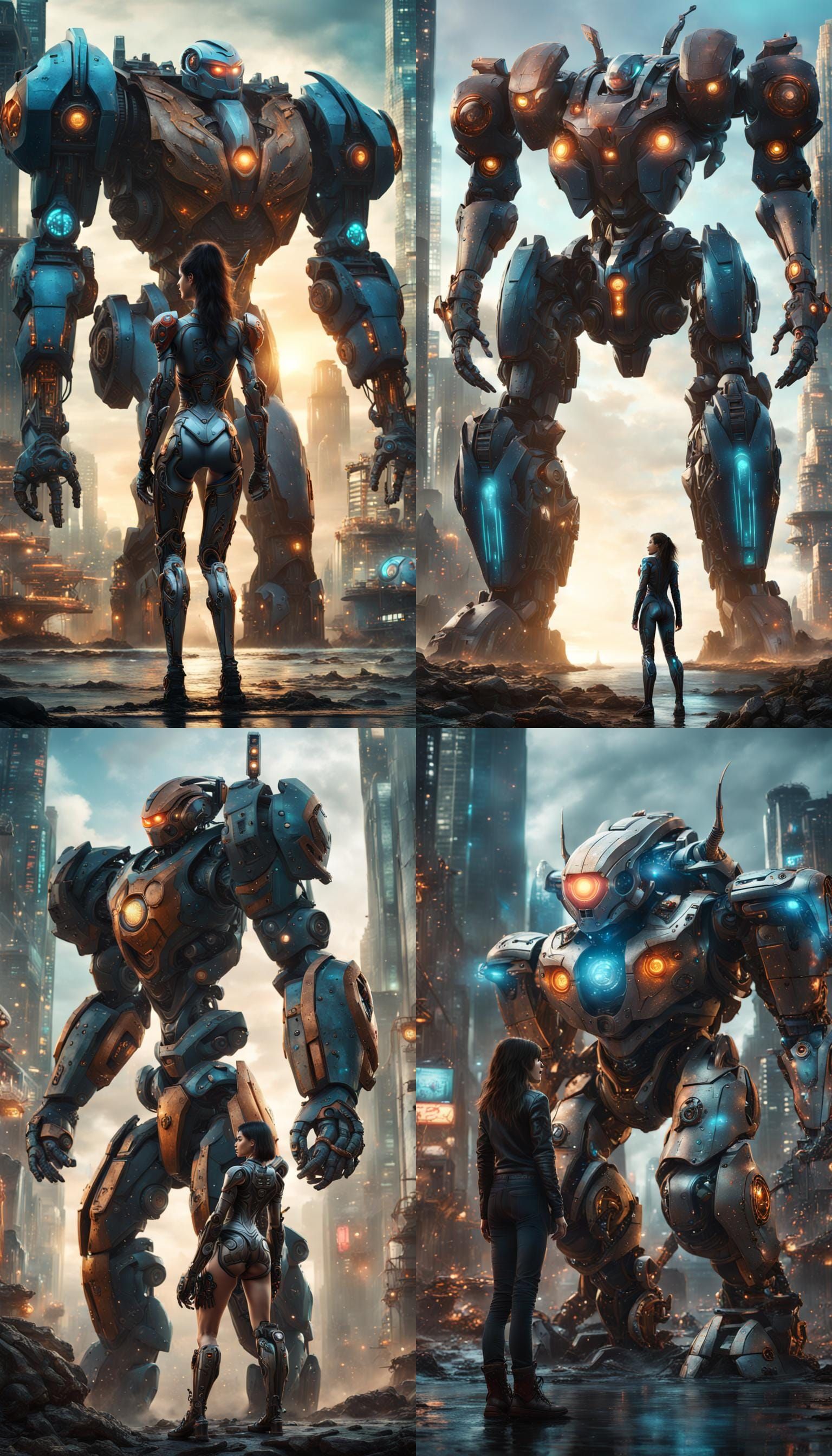 Cyborg Girl Observes Mega Robot, Detailed Matte Painting