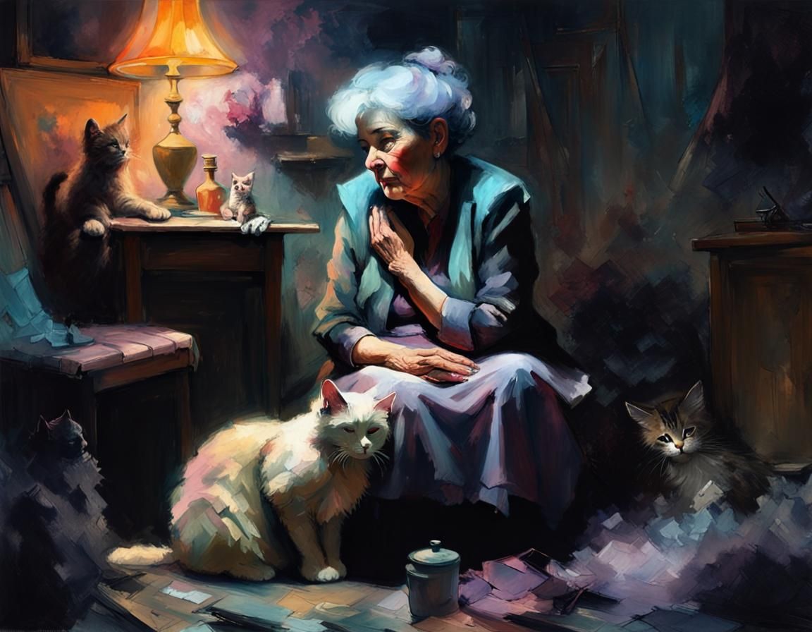 Old Woman Hugging Cat in Dreamlike Chiaroscuro