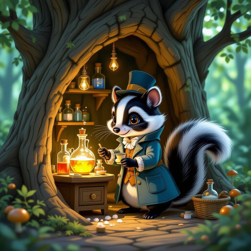 Whimsical Skunk Perfumer in Enchanted Forest Lab