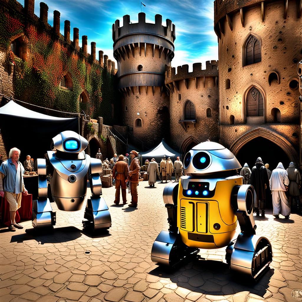 Medieval Market with Cybernetic Robots in Castle