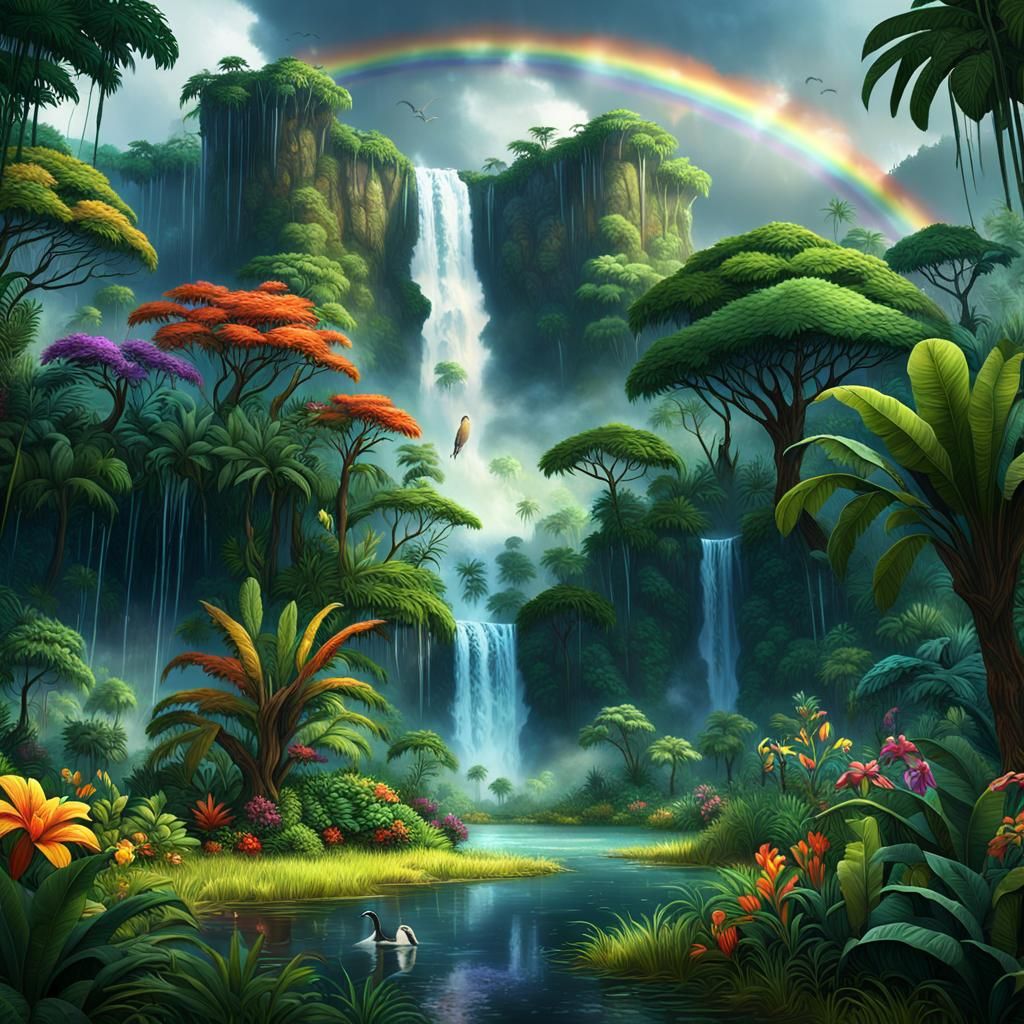 Lion in Lush Rainforest with Rainbow: Fantasy Art