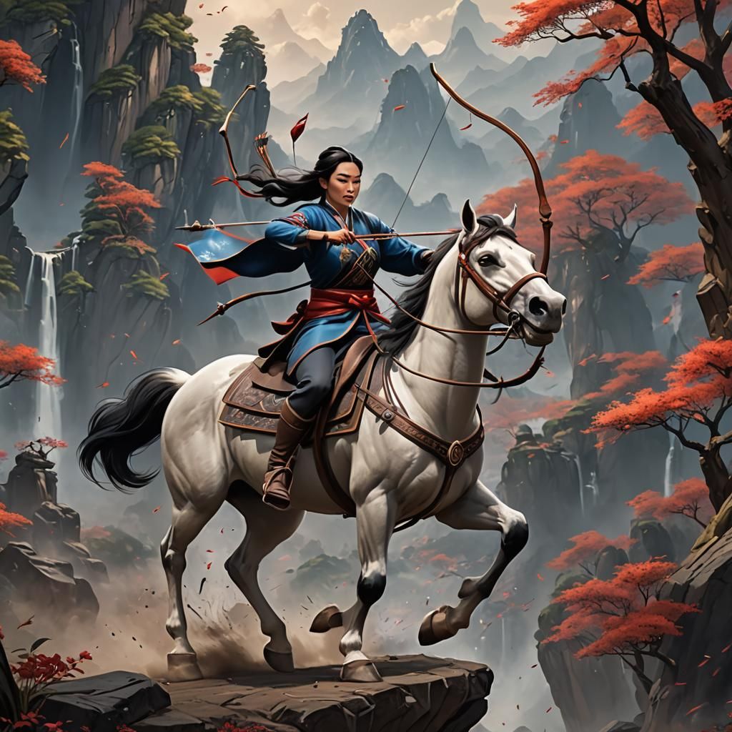 Mulan-Style Warrior on Horseback in Digital Painting