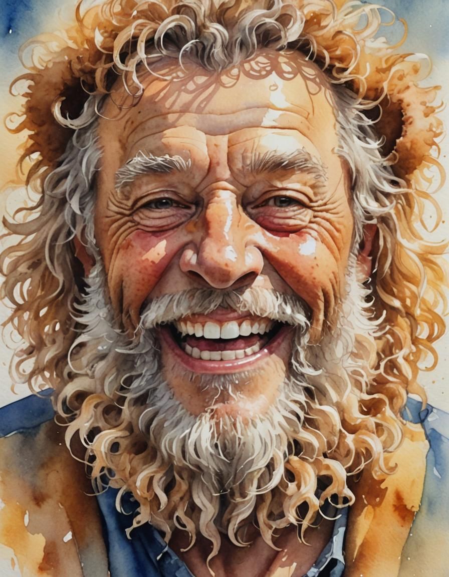 Smiling Man with Teddy Bear Beard in Watercolour