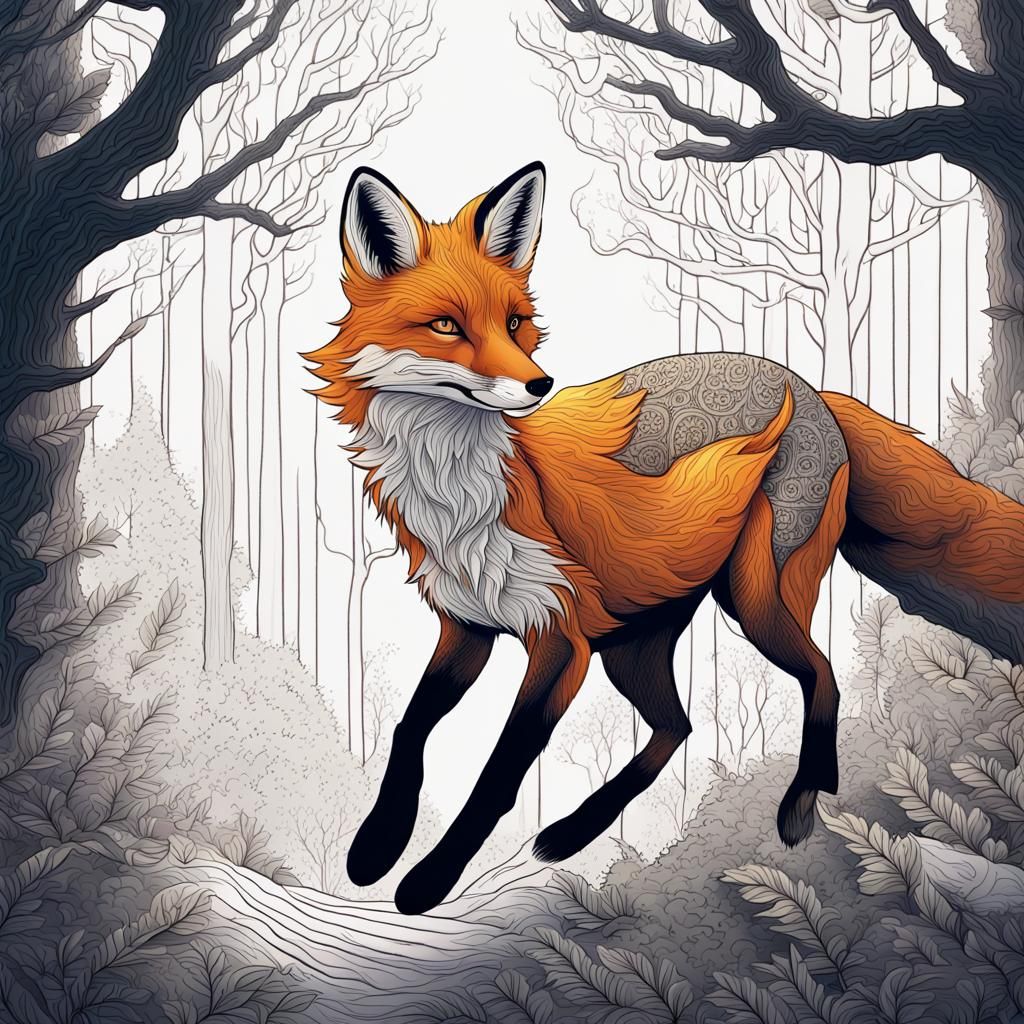 Detailed Line Art of a Leaping Fox