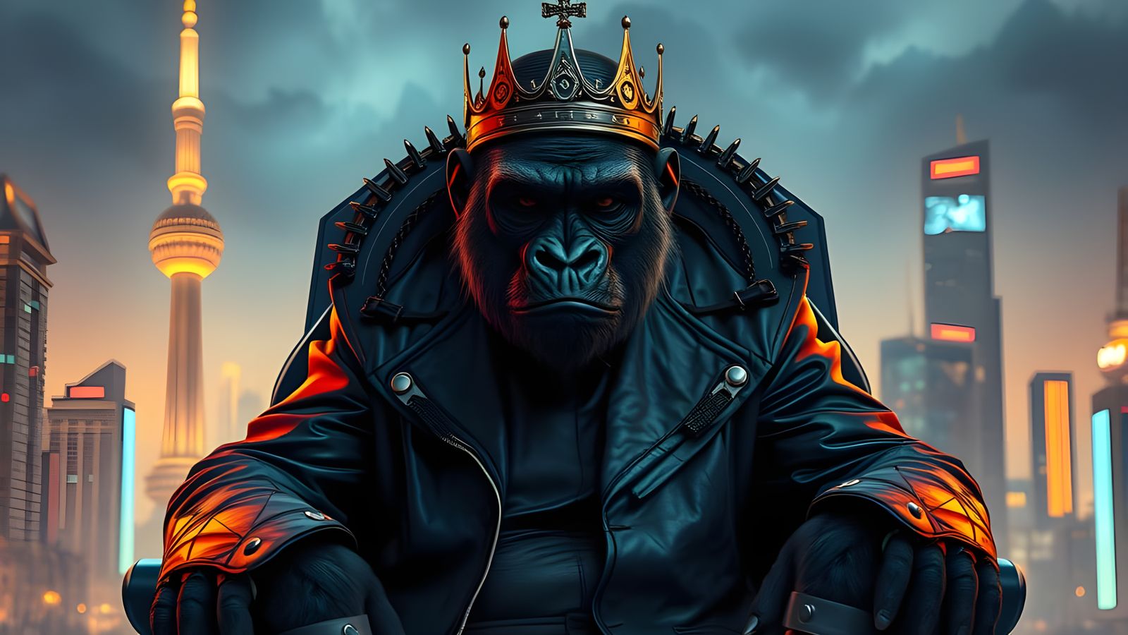 Cyberpunk Gorilla King on Neon Throne