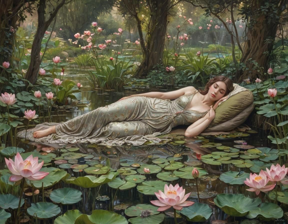 Lush Lotus Landscape in Classical Painting Style