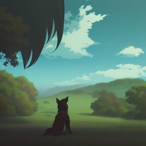 Black Dog in Studio Ghibli Anime Style