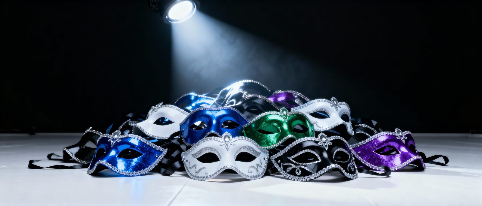Pile of Venetian Masks in Dramatic Lighting