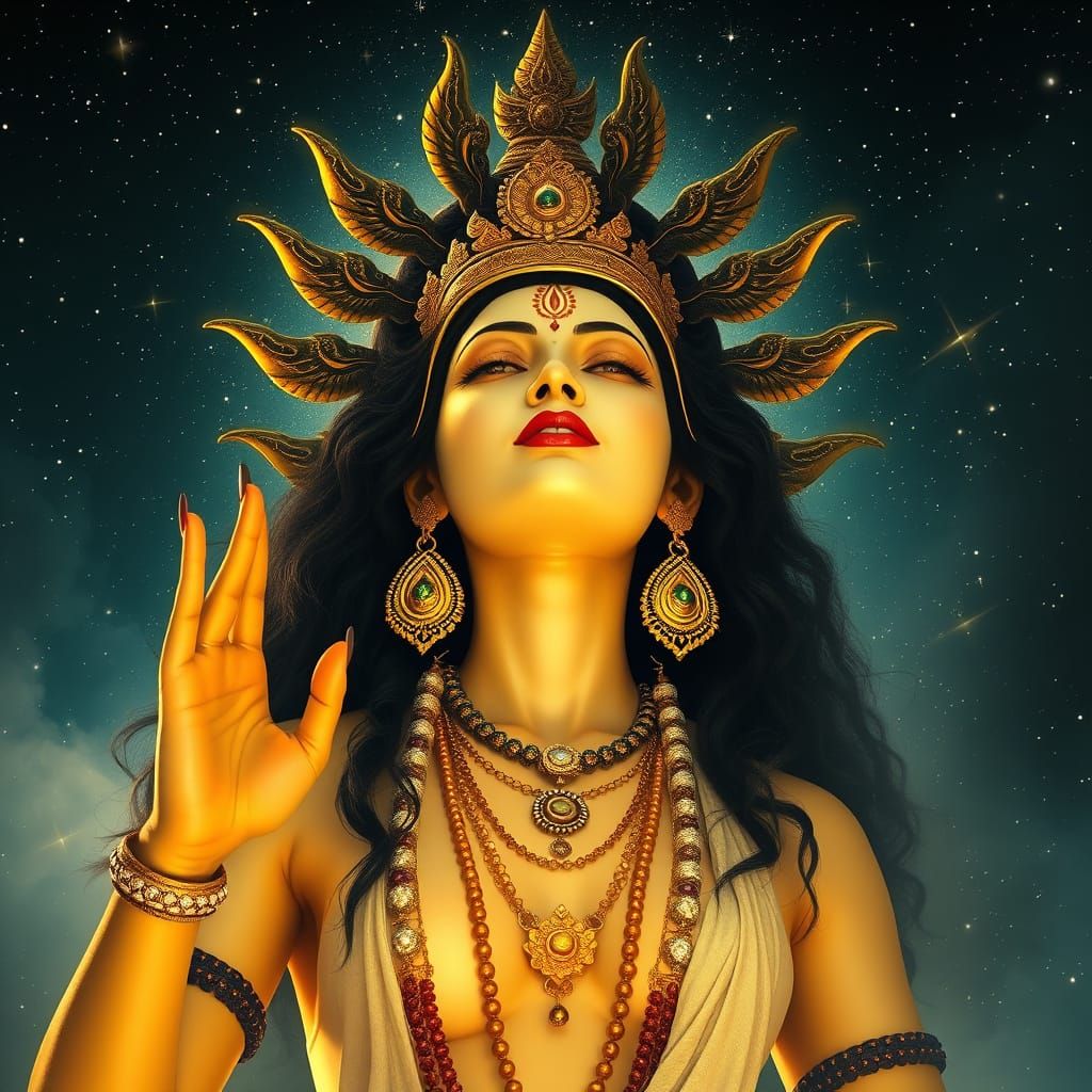 Divine Goddess Kali Radiates Golden Aura in Celestial Realm