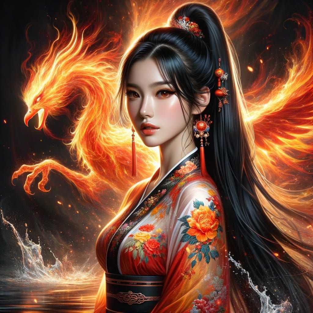 Fiery Phoenix Rising: Asian Woman in Flame Hanfu