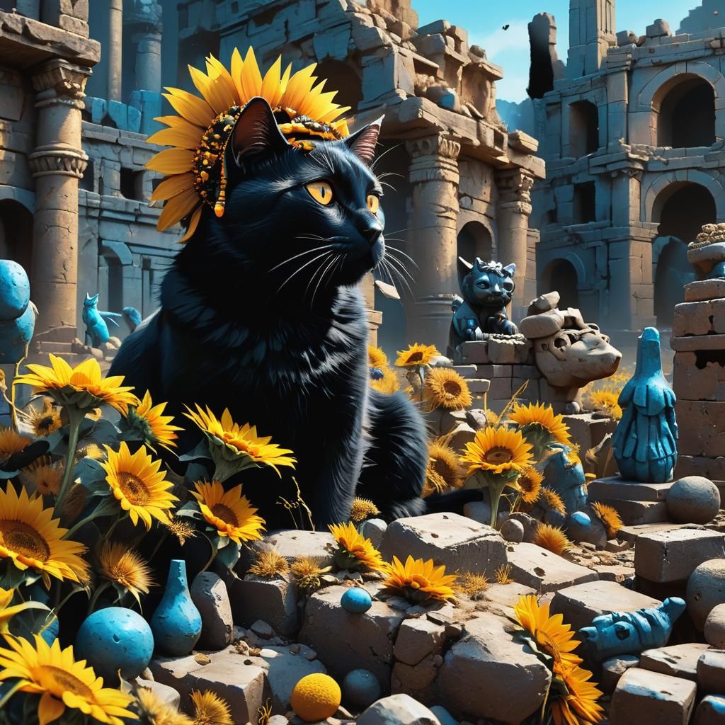Black Cat in Sunflower Cap Amidst Ancient Ruins